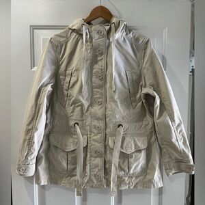 LL Bean Tan hooded utility jacket with pockets drawstring waist Size Medium